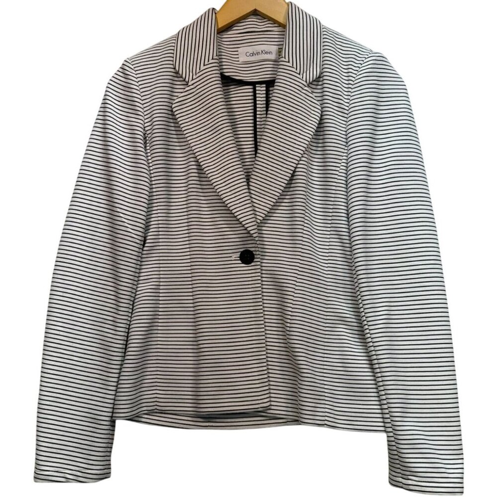 Calvin Klein Womens One Button Knit Blazer Jacket  Sz 6 White Black Stripe